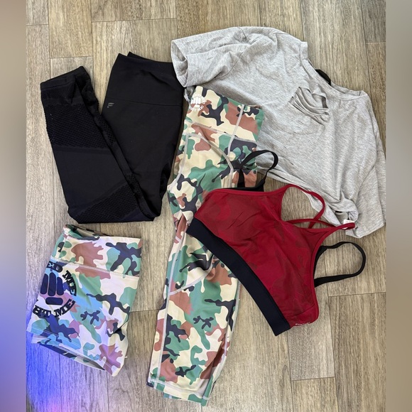 Feed Me Fight Me Pants - FIVE PIECE WORKOUT LOT SET shorts capri leggings crop top and sports bra FMFM